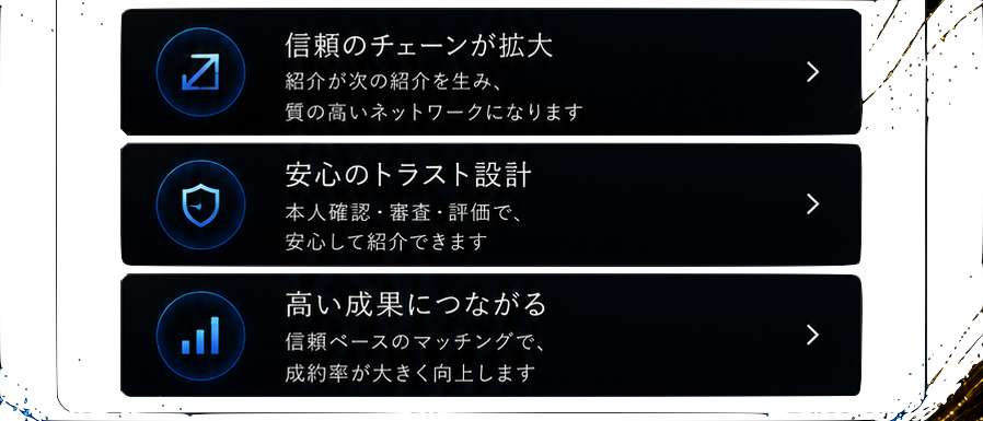 特長。信頼のチェーンが拡大：紹介が次の紹介を生み、質の高いネットワークになる。安心のトラスト設計：本人確認・審査・評価で、安心して紹介できる。高い成果につながる：信頼ベースのマッチングで、成果につながる出会いが生まれやすい。